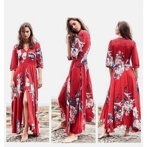 Jaase Red Floral Maxi Dress Button Front Smocked Waist Boho V-Neck Large